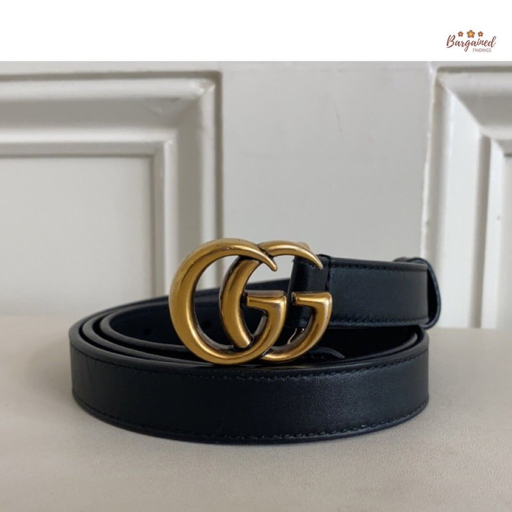 Authentic Gucci Black Smooth Leather Slim Signature Double G Buckle Belt 85/34 - Picture 12 of 13